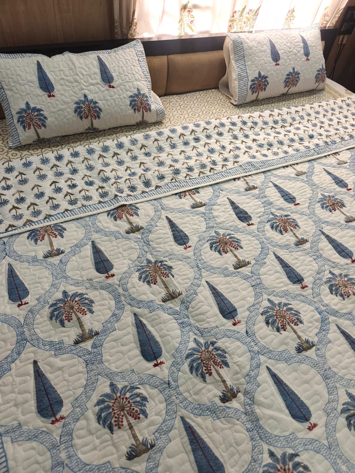 Reversible Handblock Printed Quilted King Bedcover Set - Neel Mahal