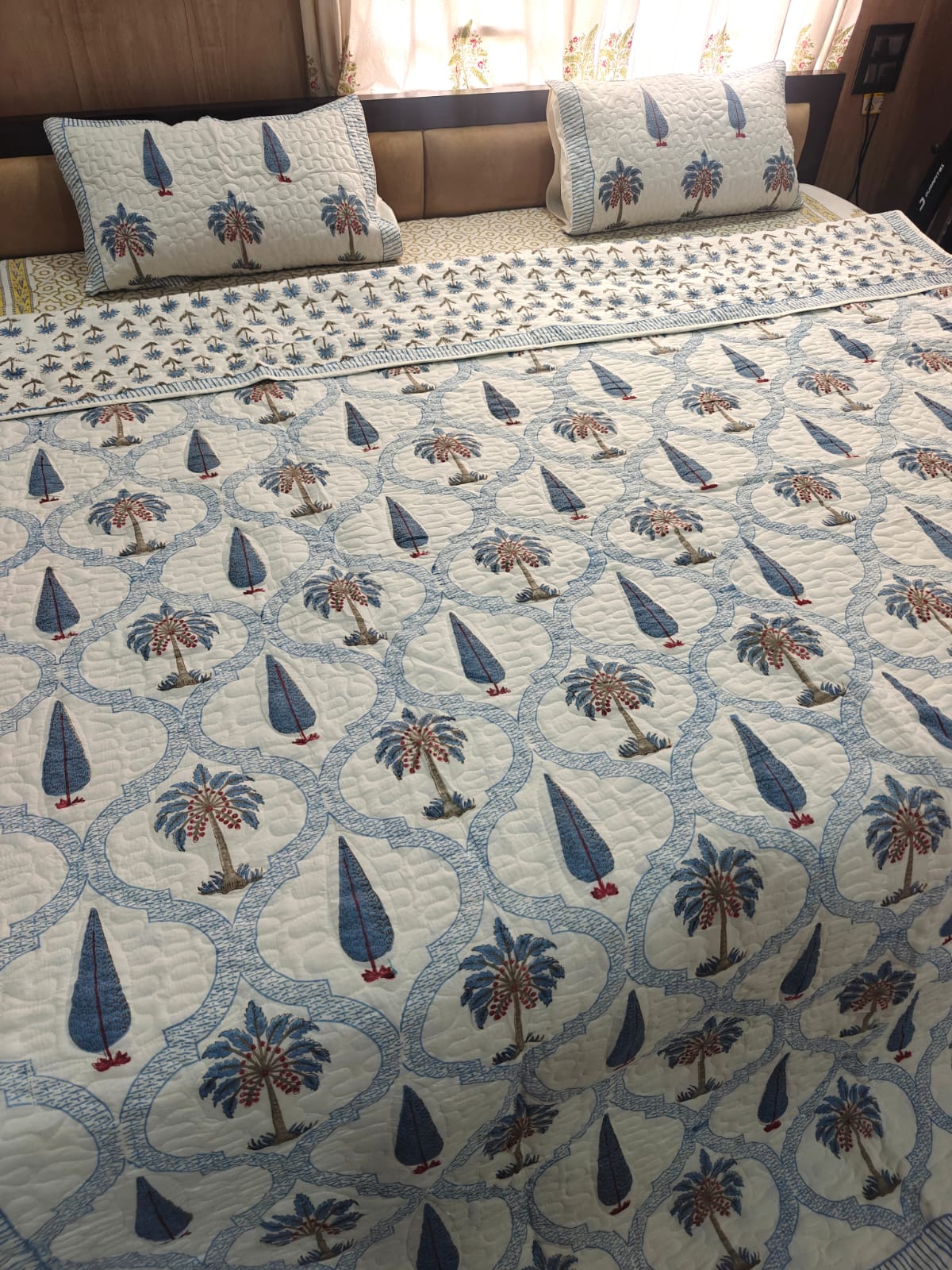 Reversible Handblock Printed Quilted King Bedcover Set - Neel Mahal