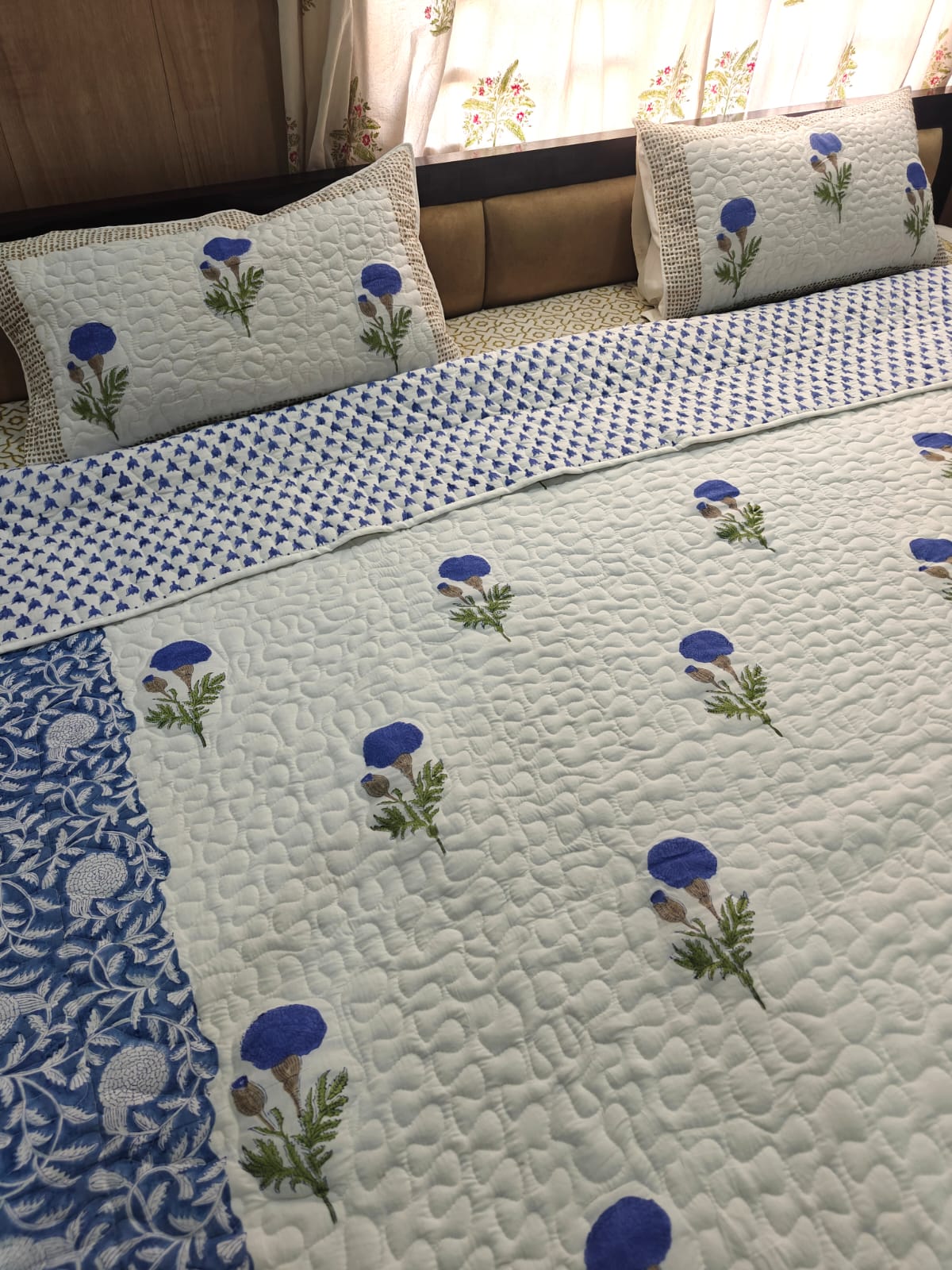 Reversible Handblock Printed Quilted King Bedcover Set - Neel Gul