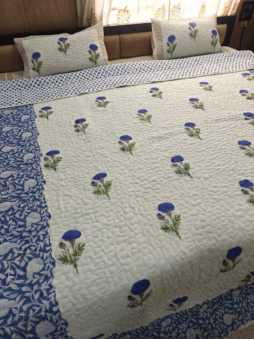 Reversible Handblock Printed Quilted King Bedcover Set - Neel Gul
