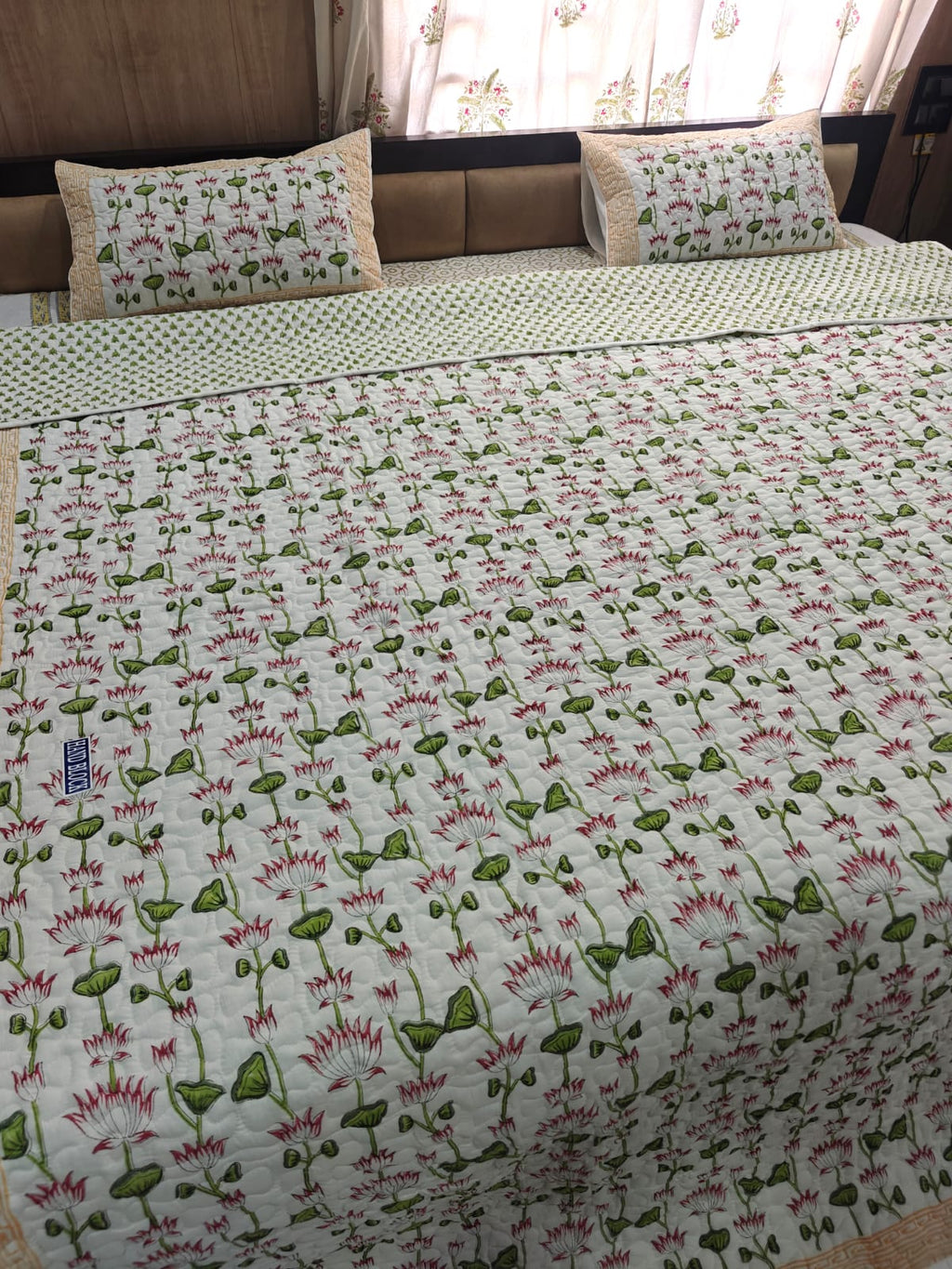 Reversible Handblock Printed Quilted King Bedcover Set - Padma Gul
