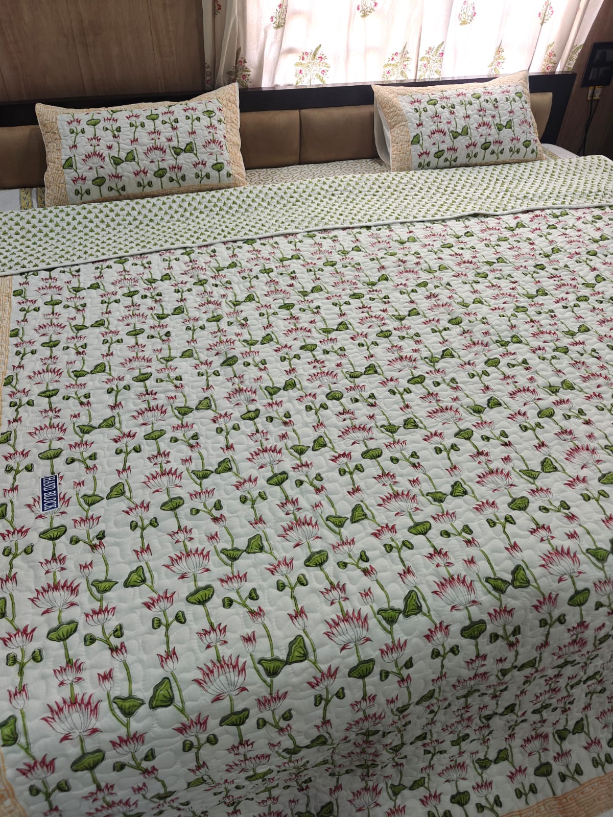 Reversible Handblock Printed Quilted King Bedcover Set - Padma Gul