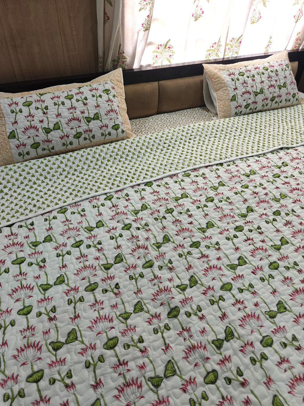Reversible Handblock Printed Quilted King Bedcover Set - Padma Gul