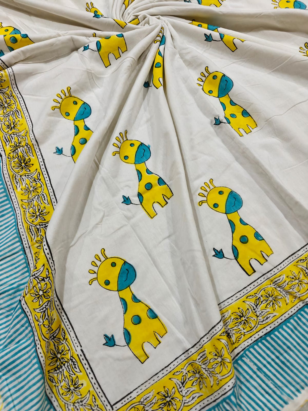 Reversible Handblock Printed Mulmul Baby Dohar - Sunny Giraffe