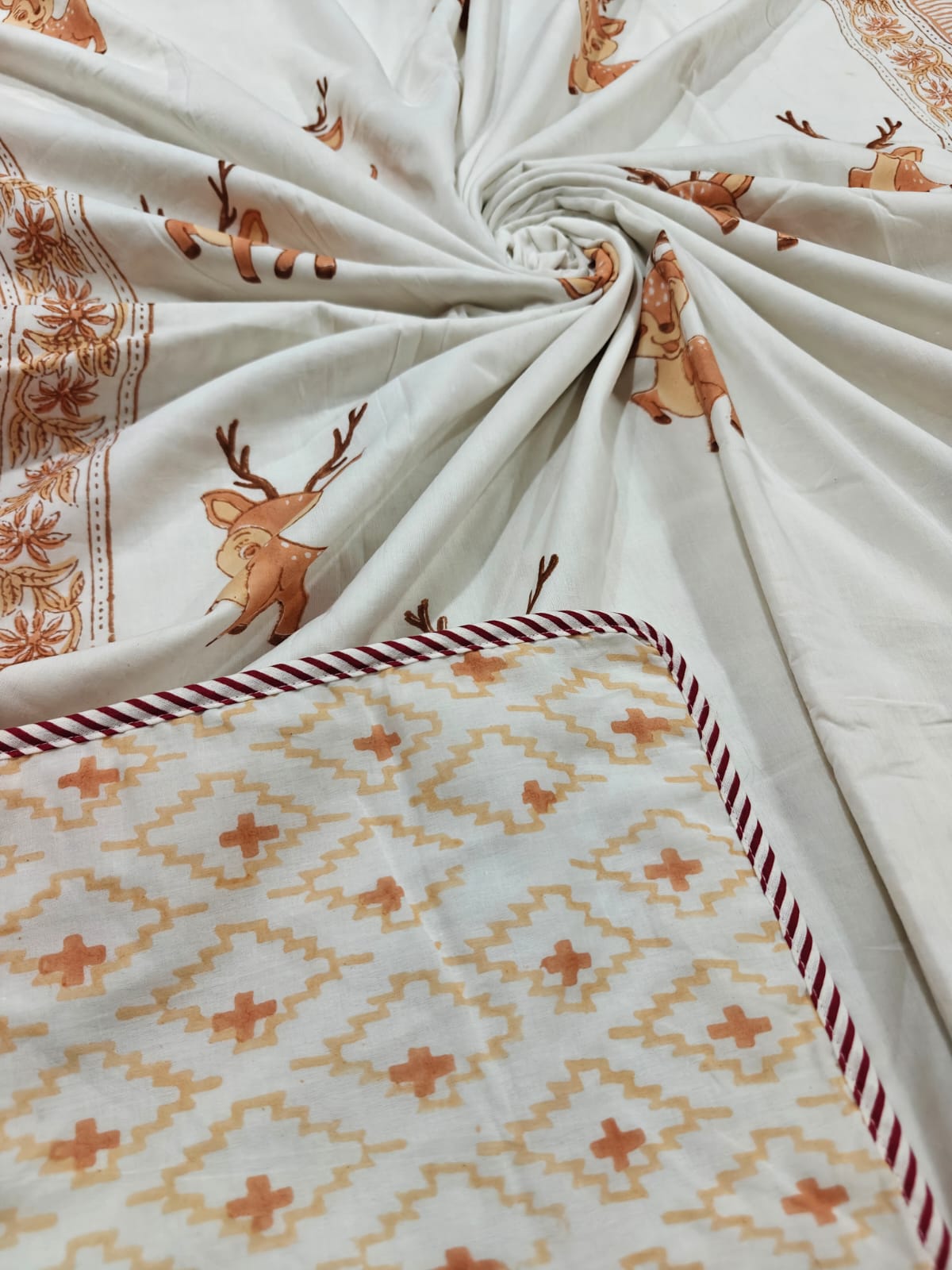 Reversible Handblock Printed Mulmul Baby Dohar - Little Fawn