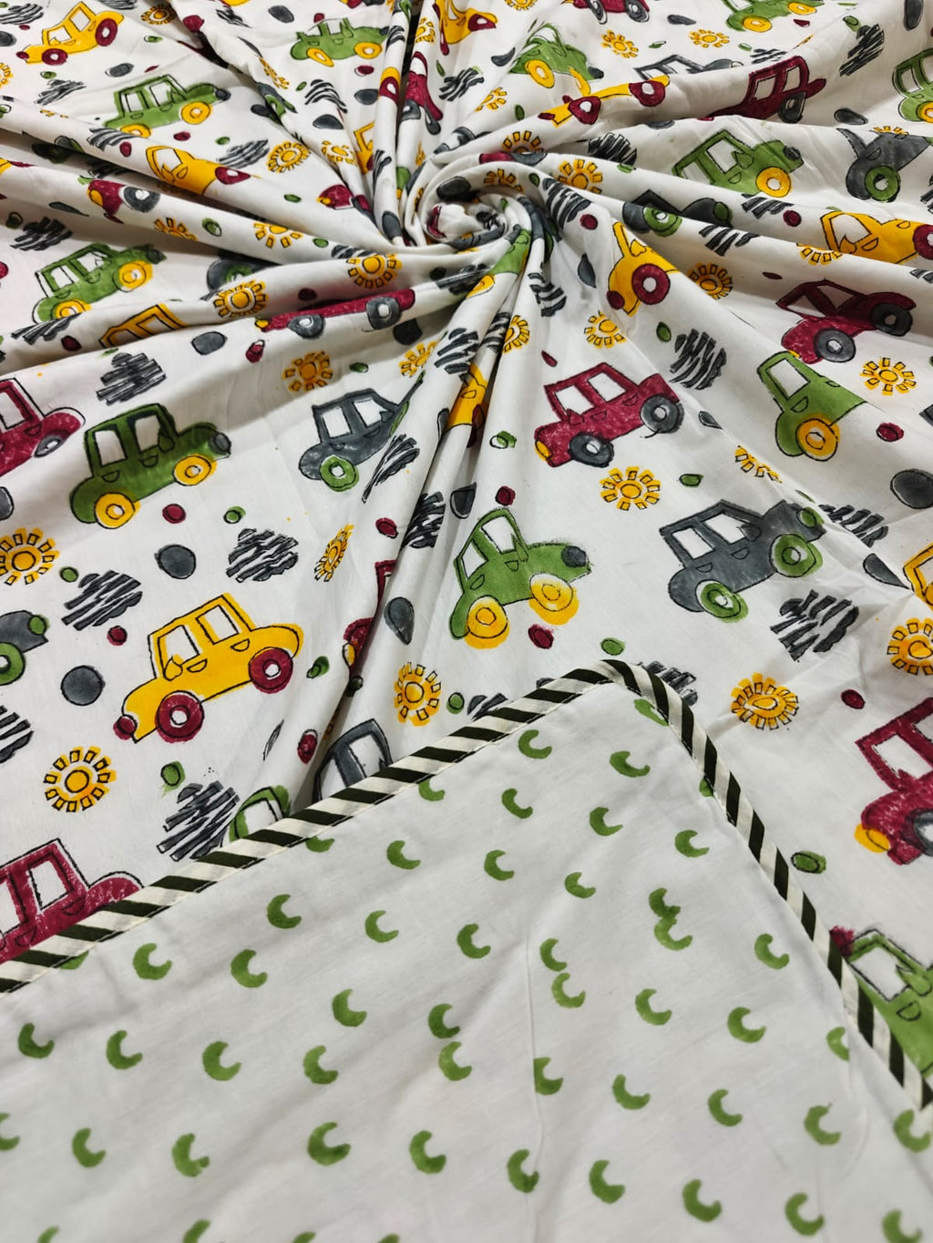 Reversible Handblock Printed Mulmul Baby Dohar - Traffic Parade