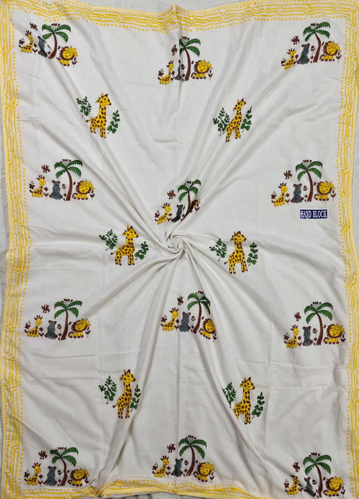 Reversible Handblock Printed Mulmul Baby Dohar - Safari Smiles
