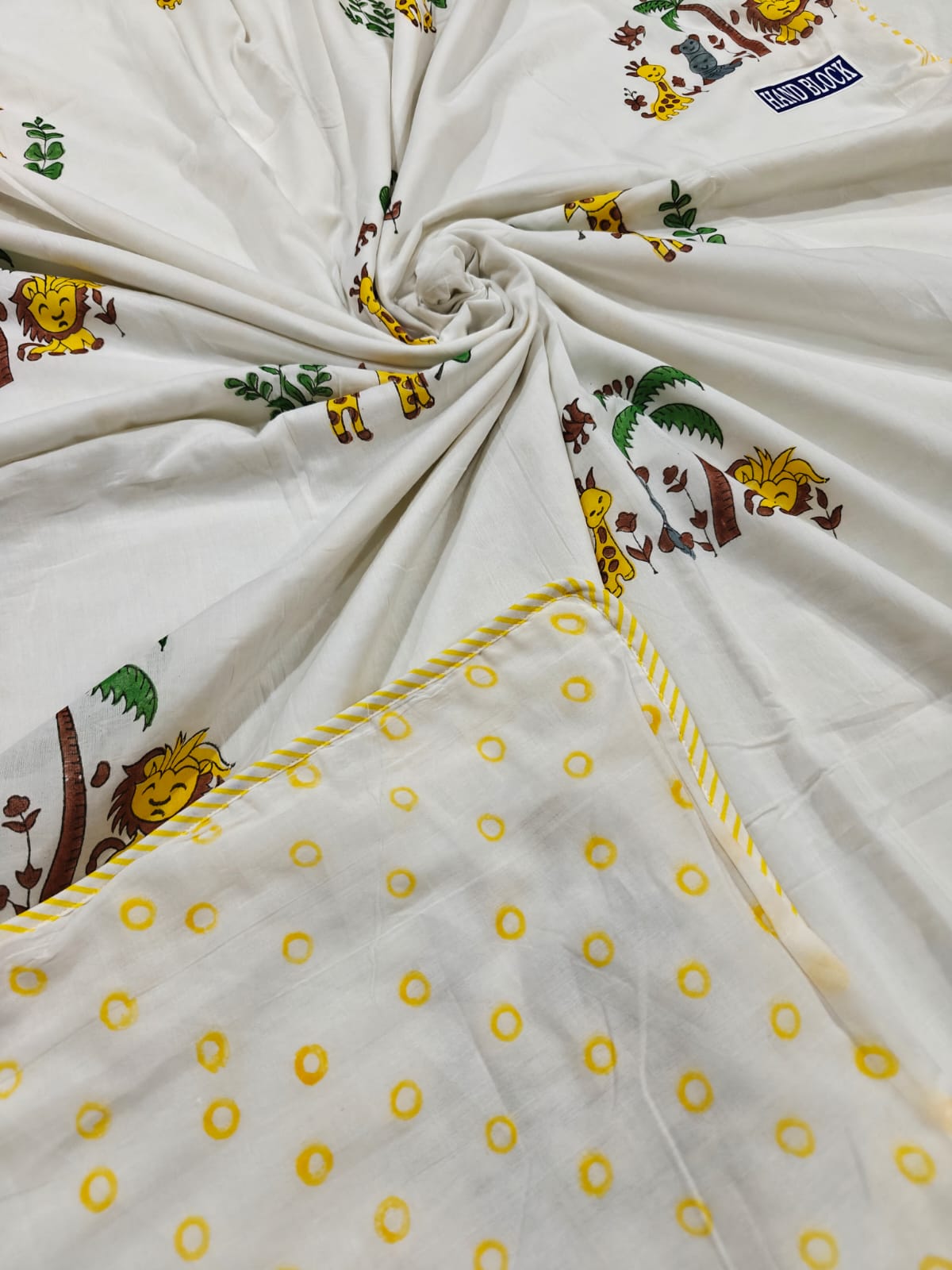 Reversible Handblock Printed Mulmul Baby Dohar - Safari Smiles
