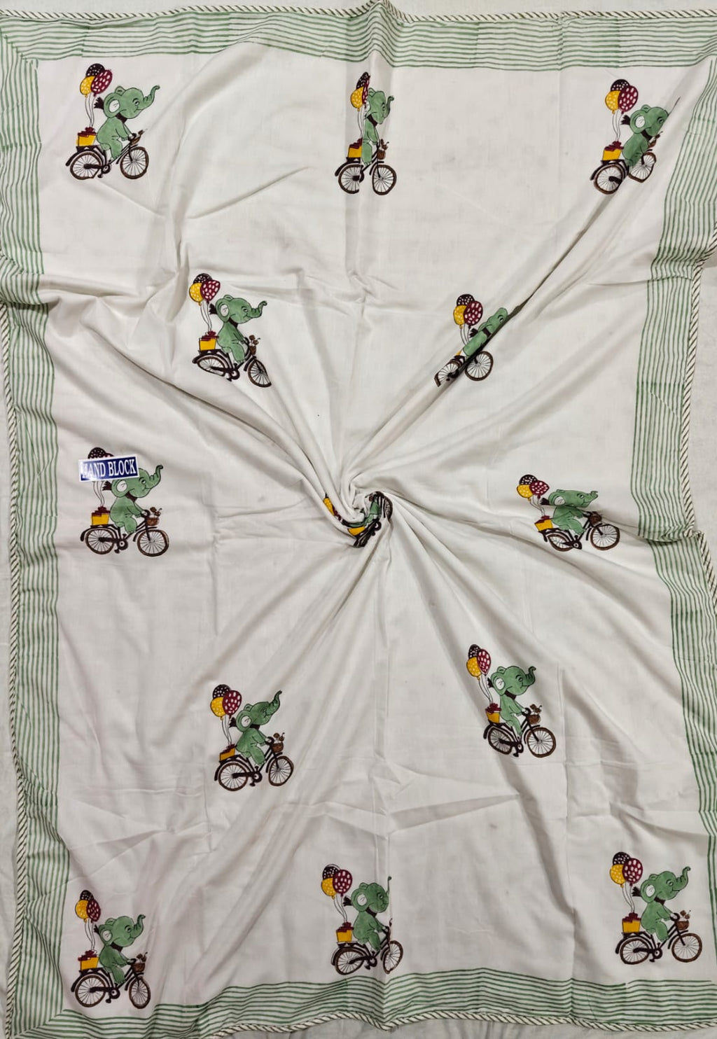 Reversible Handblock Printed Mulmul Baby Dohar - Elephant Adventure