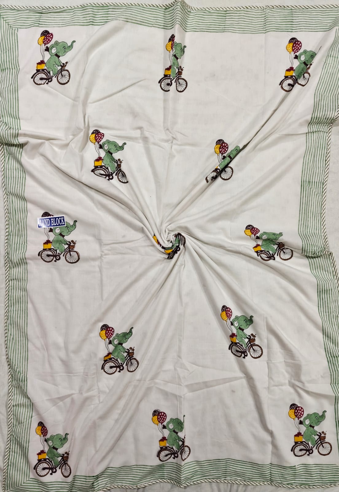Reversible Handblock Printed Mulmul Baby Dohar - Elephant Adventure