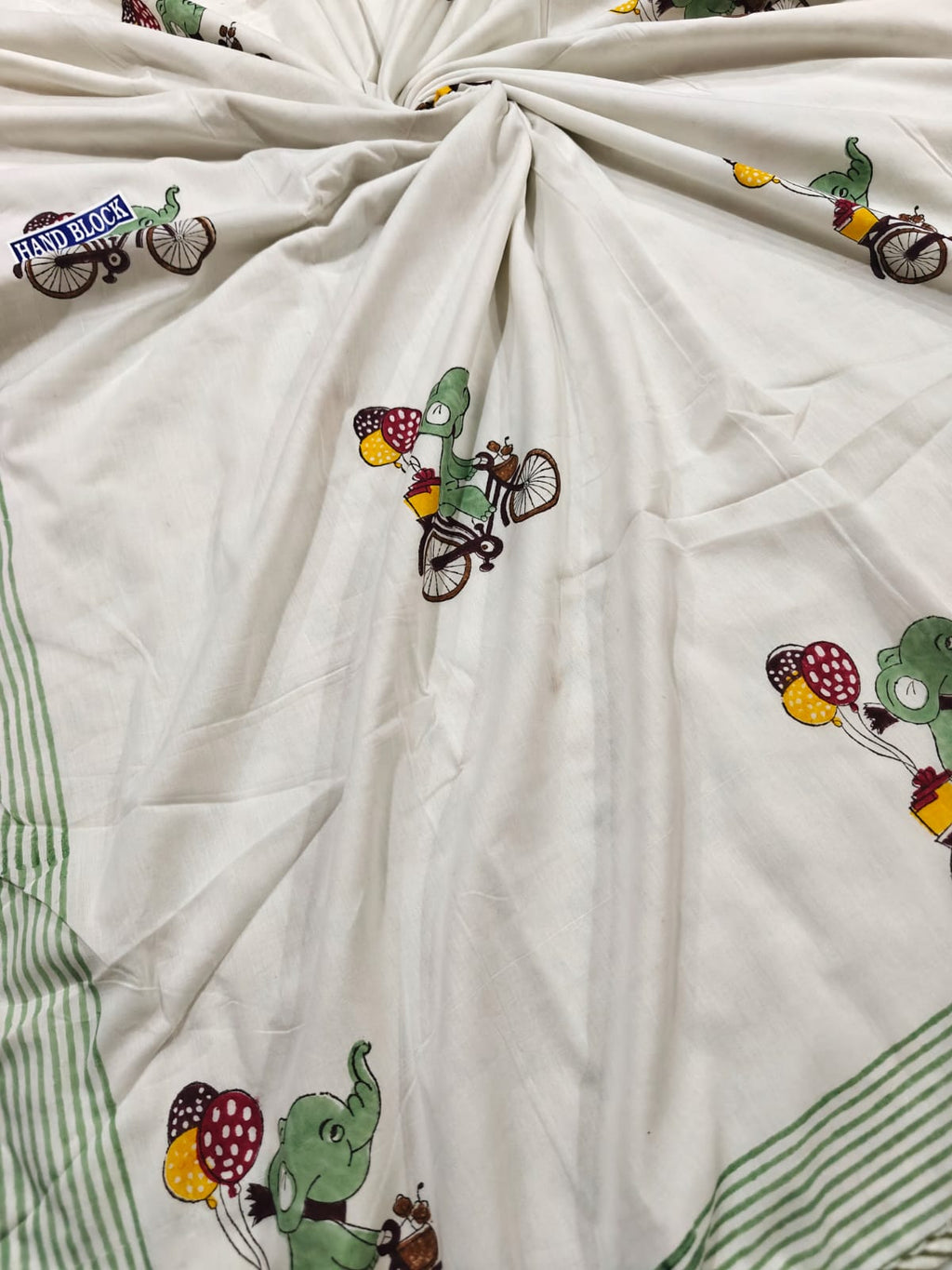 Reversible Handblock Printed Mulmul Baby Dohar - Elephant Adventure