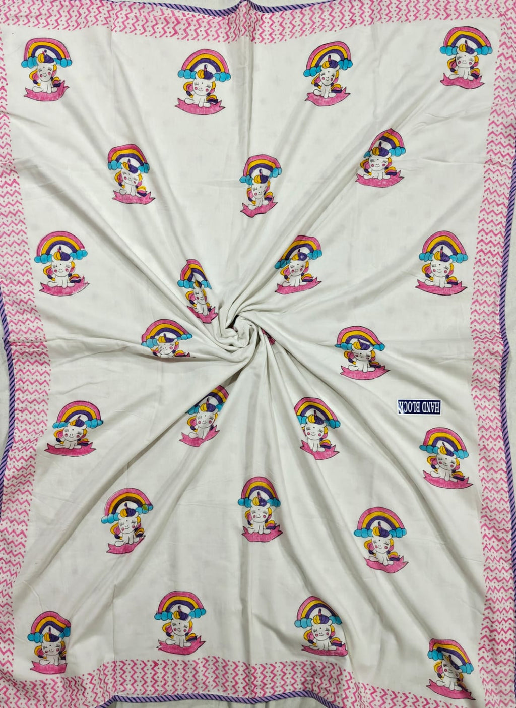 Reversible Handblock Printed Mulmul Baby Dohar - Unicorn Wishes