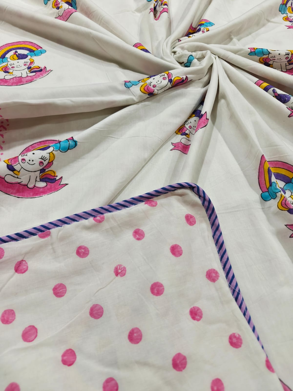 Reversible Handblock Printed Mulmul Baby Dohar - Unicorn Wishes