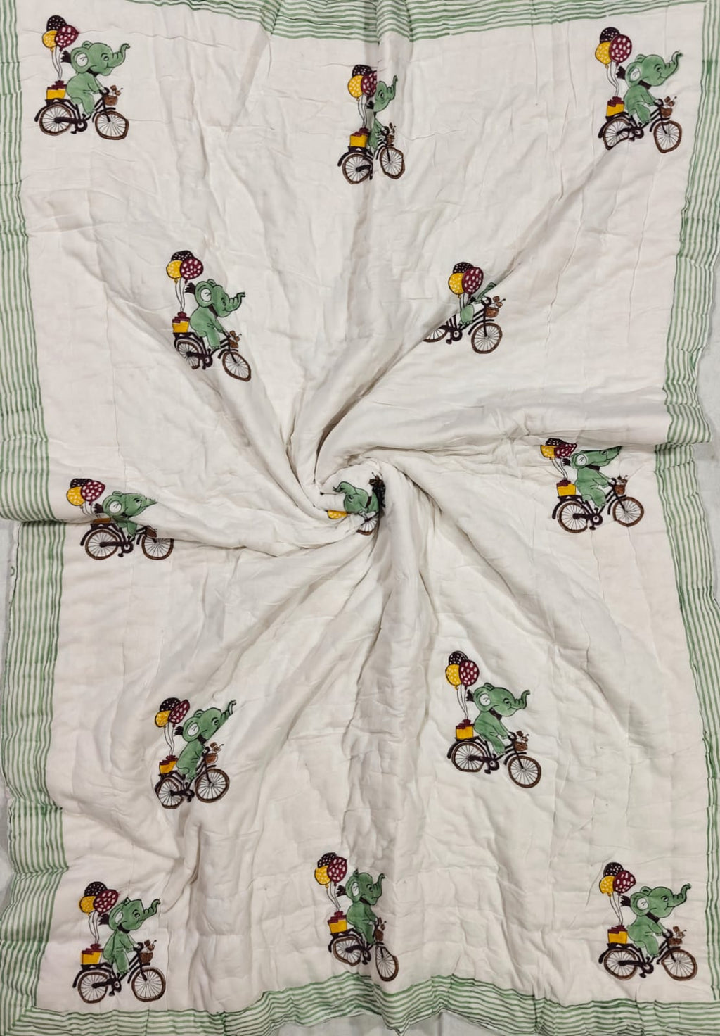 Handblock Printed Mulmul Baby Quilt - Elephant Adventure