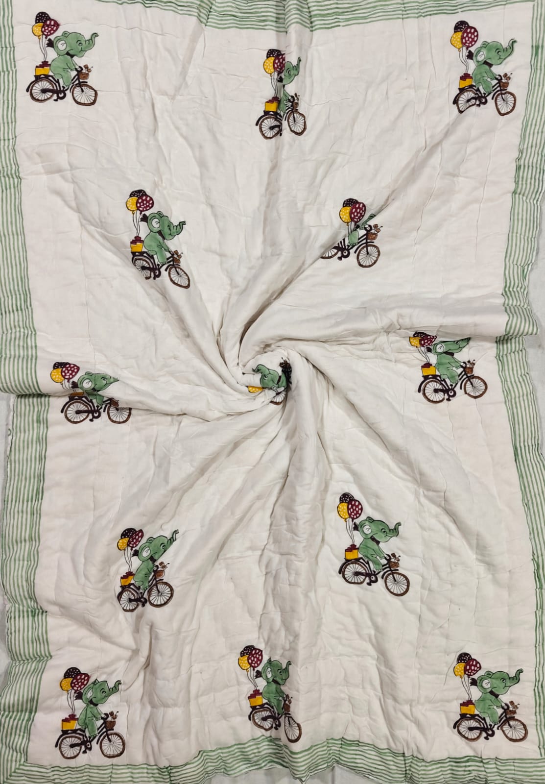 Handblock Printed Mulmul Baby Quilt - Elephant Adventure