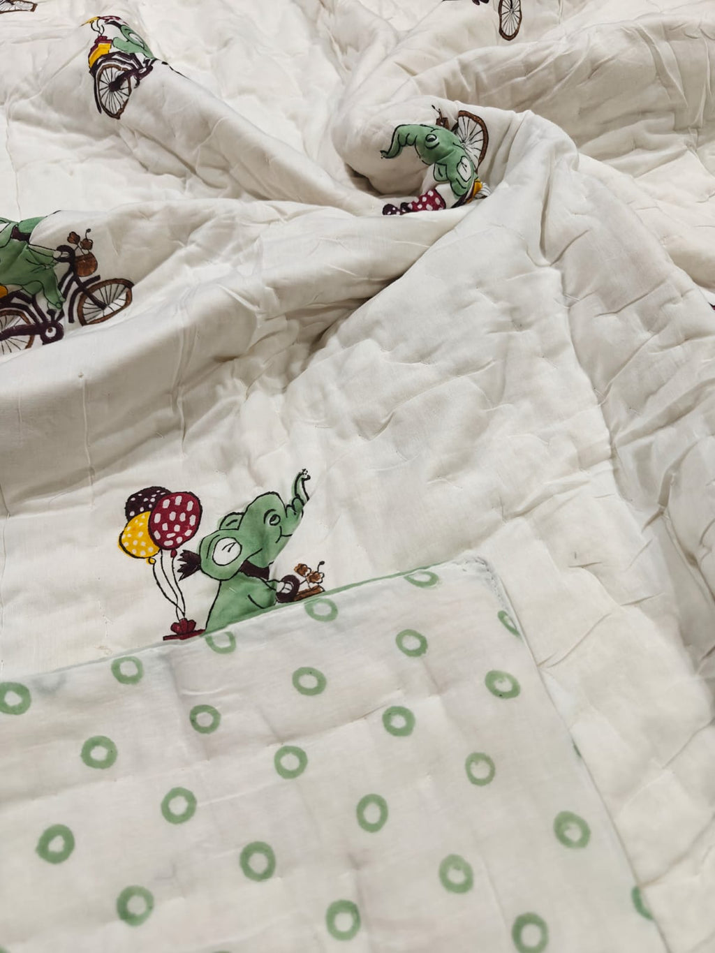 Handblock Printed Mulmul Baby Quilt - Elephant Adventure