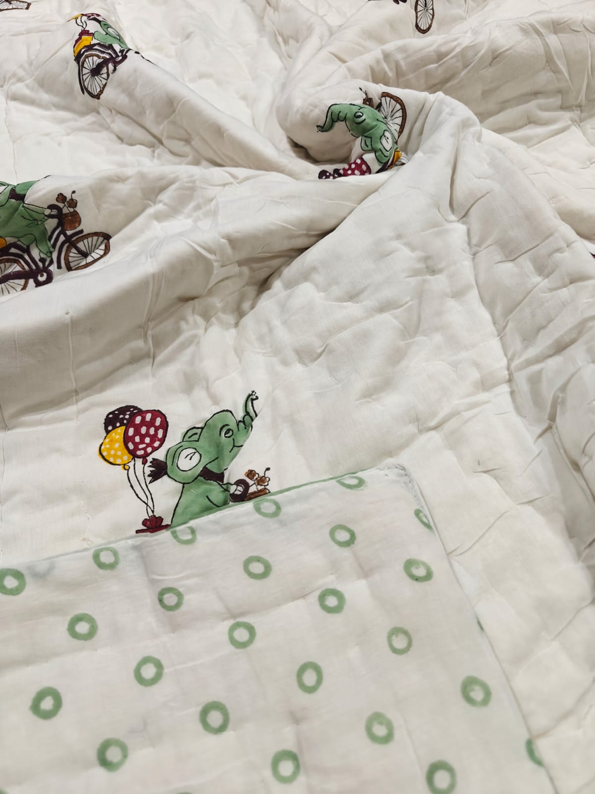 Handblock Printed Mulmul Baby Quilt - Elephant Adventure