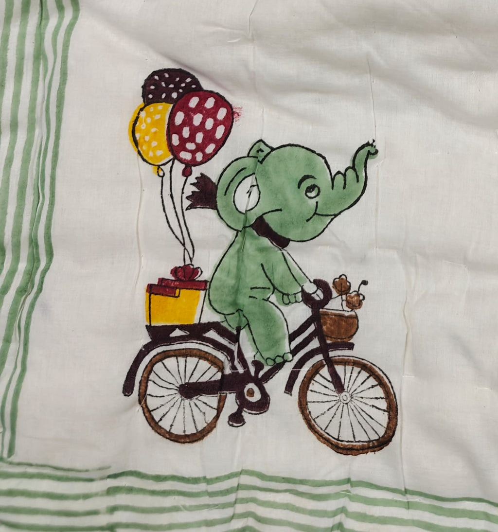 Handblock Printed Mulmul Baby Quilt - Elephant Adventure