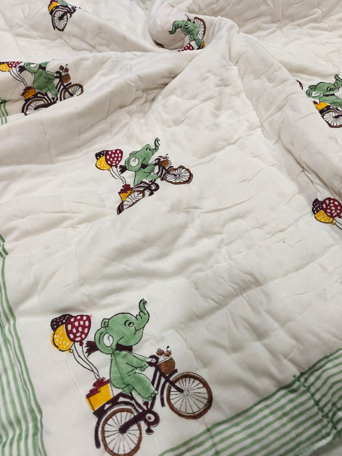 Handblock Printed Mulmul Baby Quilt - Elephant Adventure