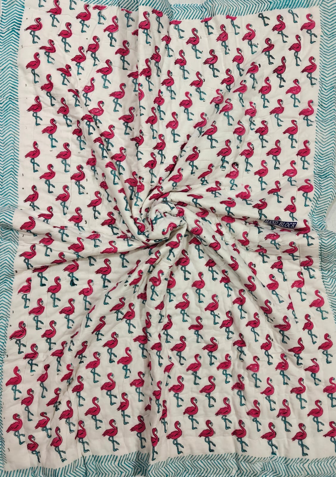Handblock Printed Mulmul Baby Quilt - Flamingo Fun