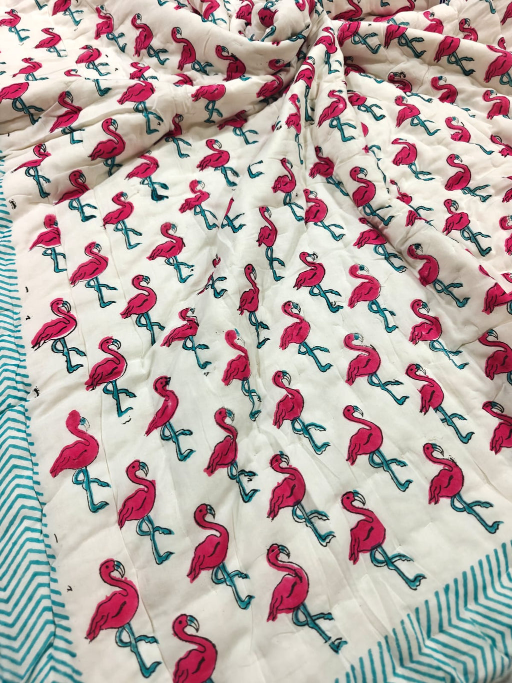 Handblock Printed Mulmul Baby Quilt - Flamingo Fun