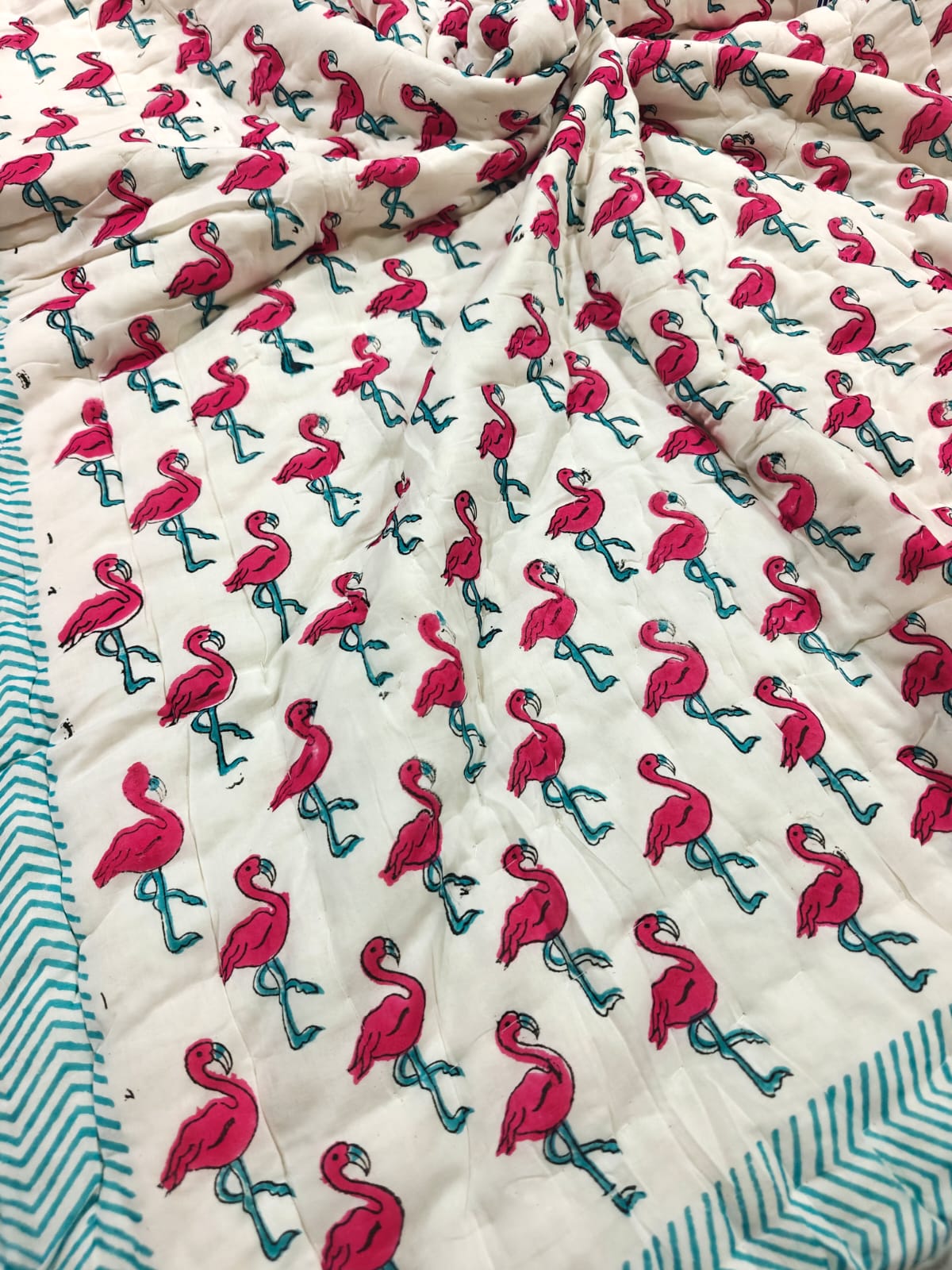 Handblock Printed Mulmul Baby Quilt - Flamingo Fun