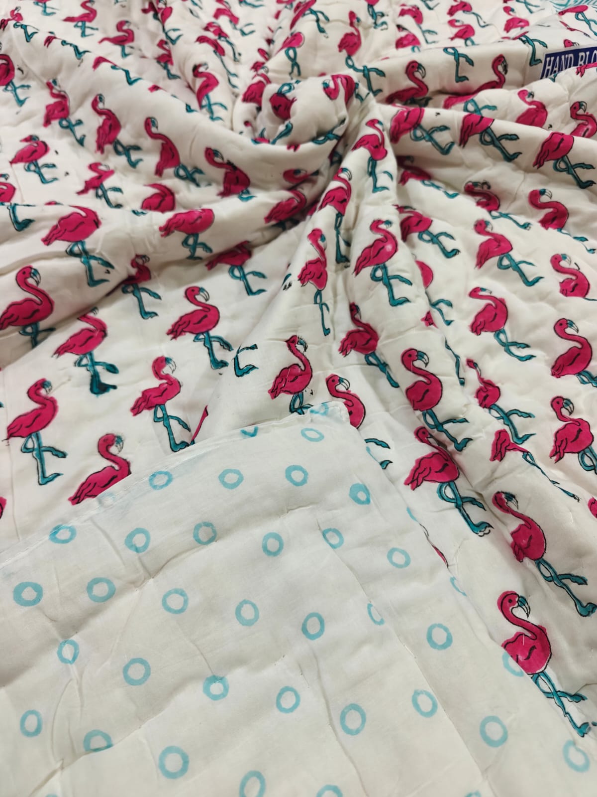 Handblock Printed Mulmul Baby Quilt - Flamingo Fun