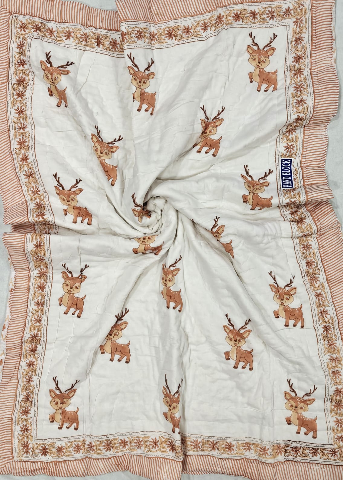Handblock Printed Mulmul Baby Quilt - Little Fawn