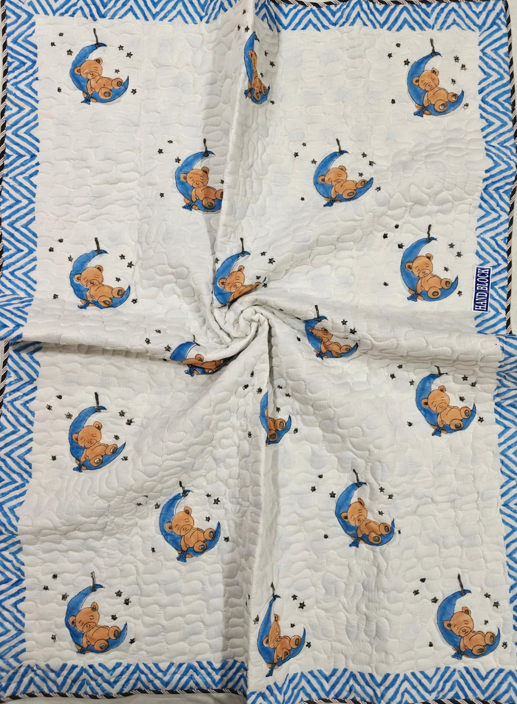Reversible Handblock Printed Mulmul Baby Comforter - Moonlit Teddy