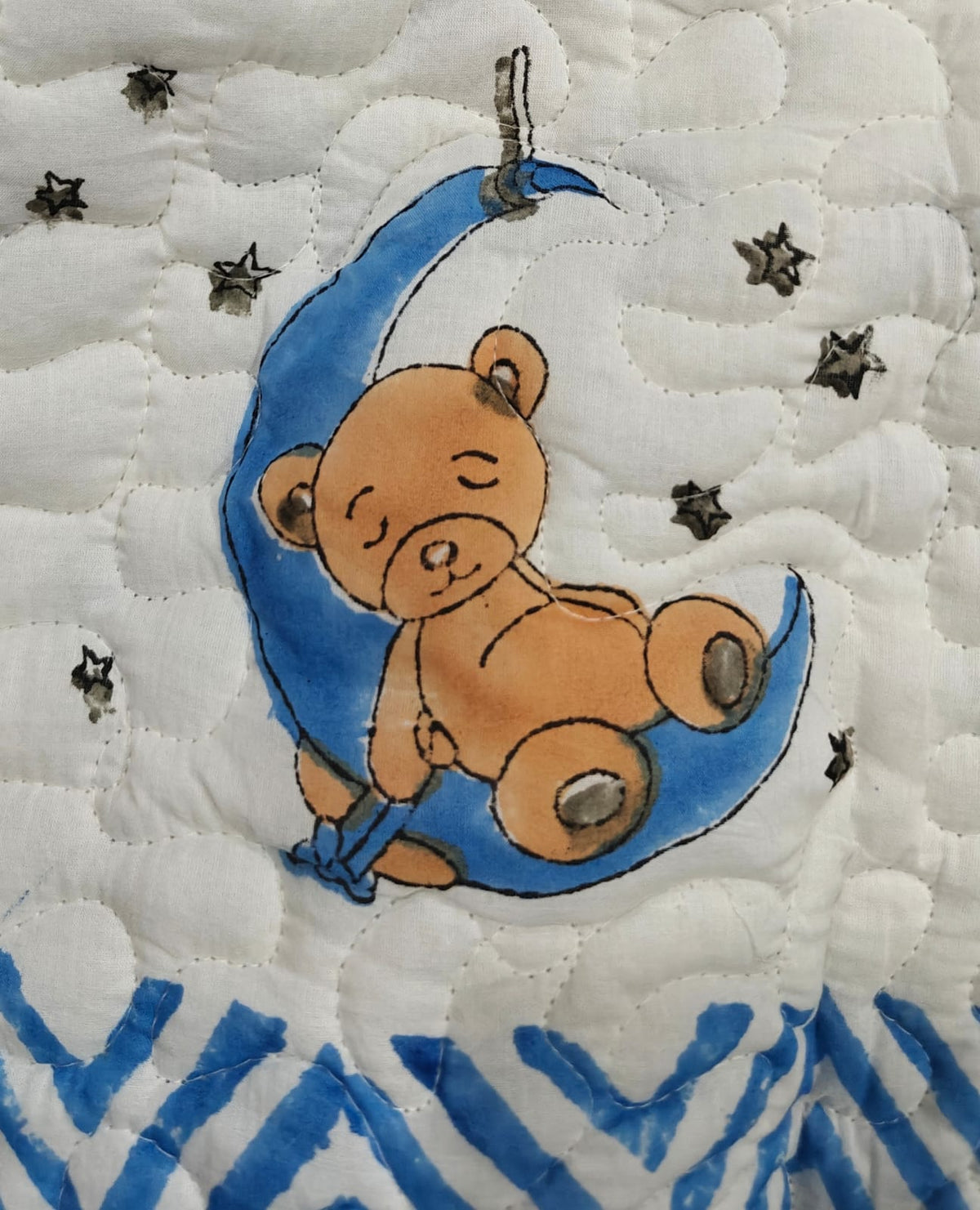 Reversible Handblock Printed Mulmul Baby Comforter - Moonlit Teddy