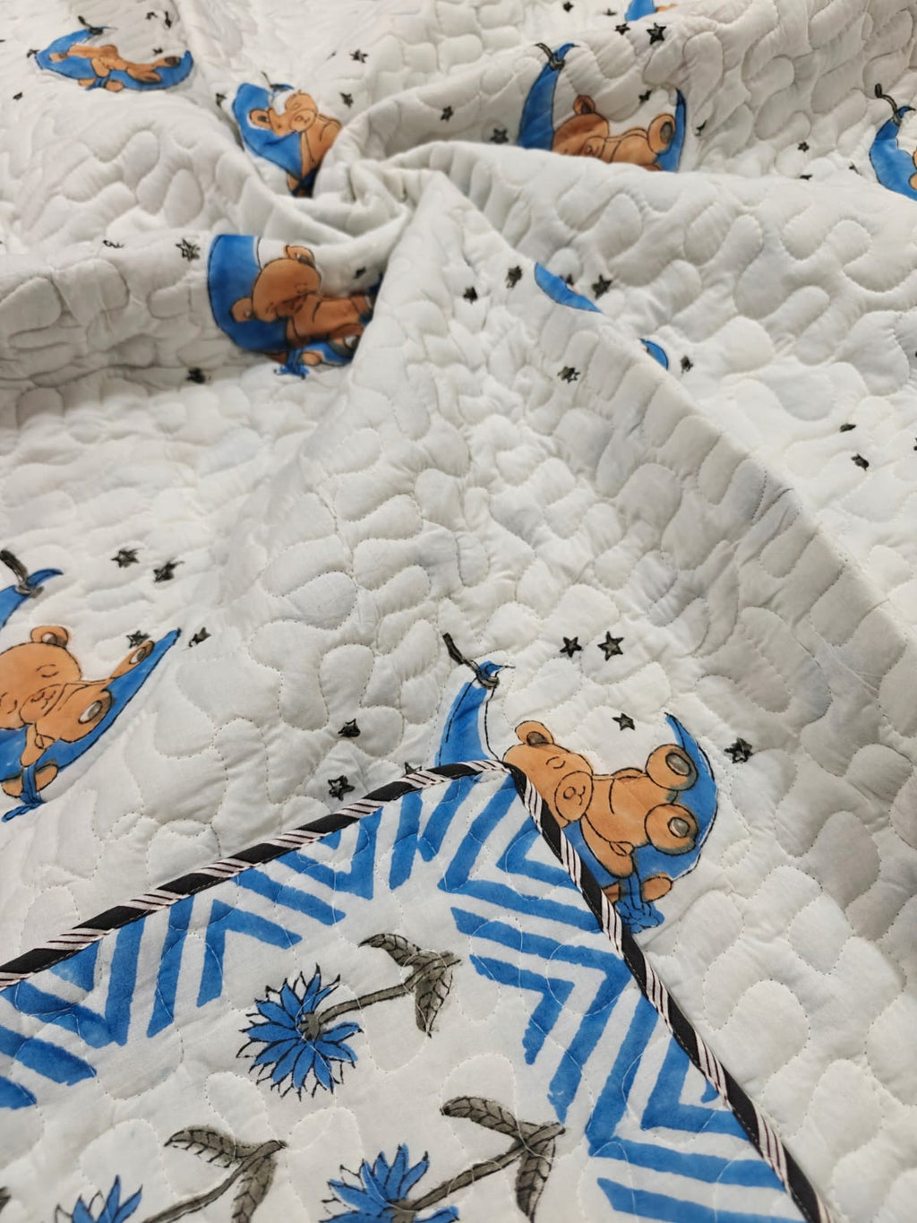 Reversible Handblock Printed Mulmul Baby Comforter - Moonlit Teddy