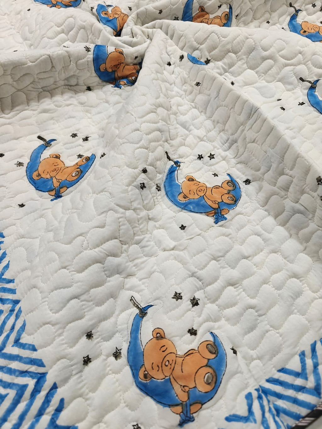 Reversible Handblock Printed Mulmul Baby Comforter - Moonlit Teddy