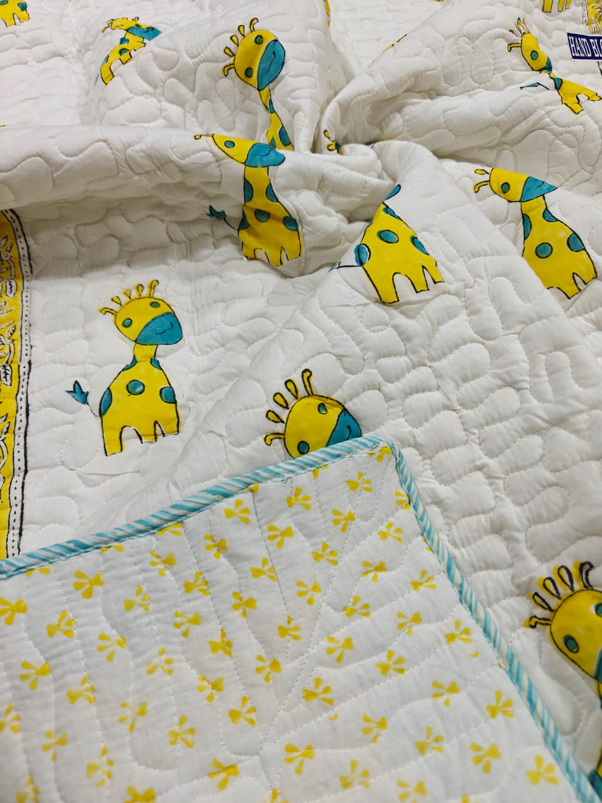 Reversible Handblock Printed Mulmul Baby Comforter - Sunny Giraffe