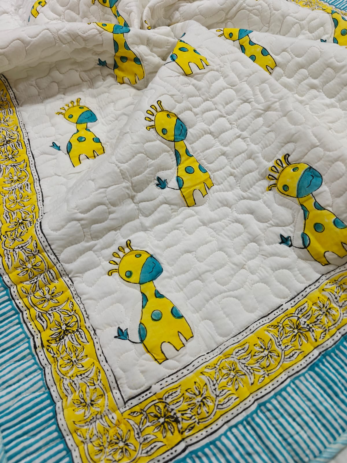 Reversible Handblock Printed Mulmul Baby Comforter - Sunny Giraffe