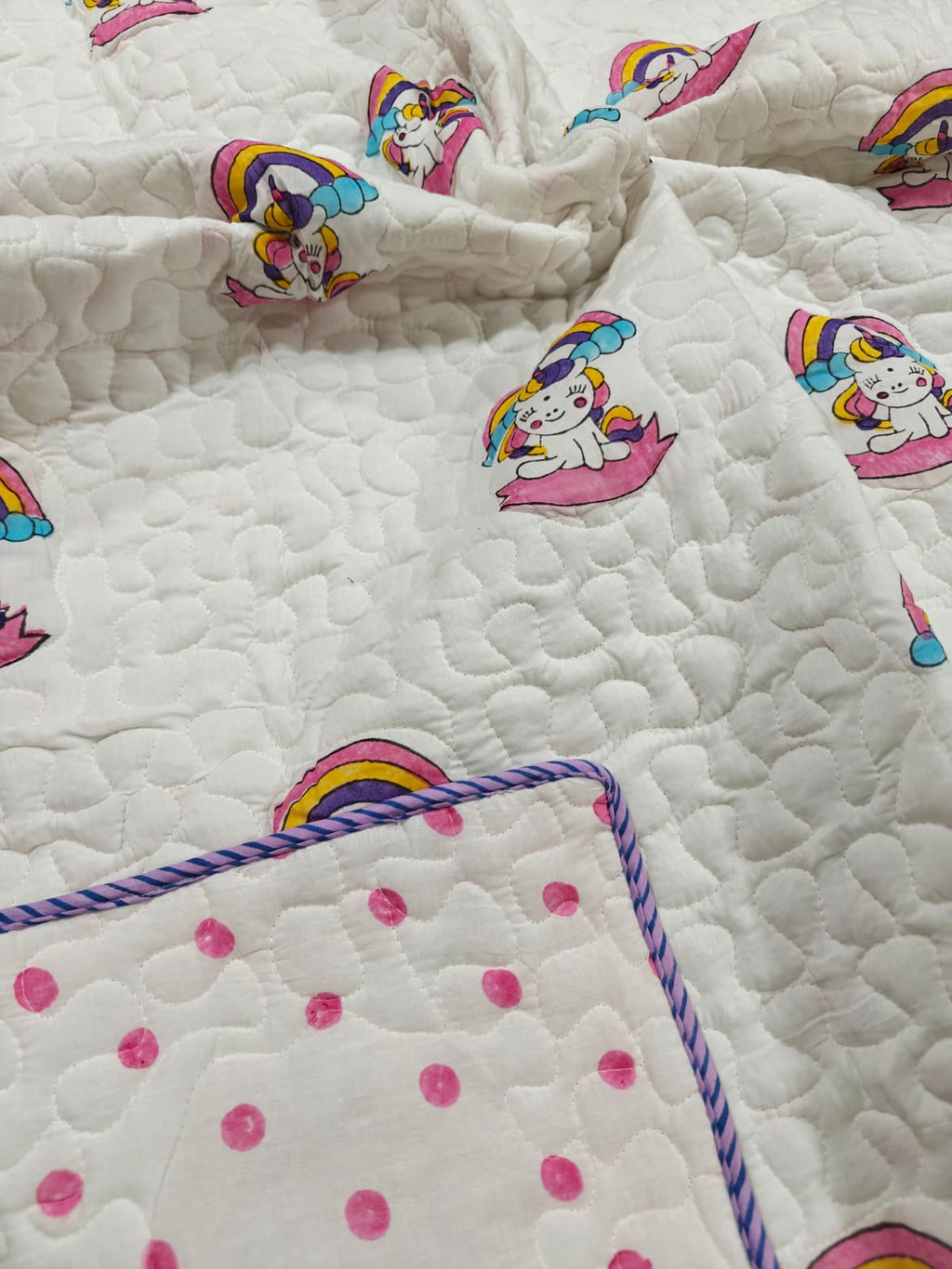 Reversible Handblock Printed Mulmul Baby Comforter - Unicorn Wishes