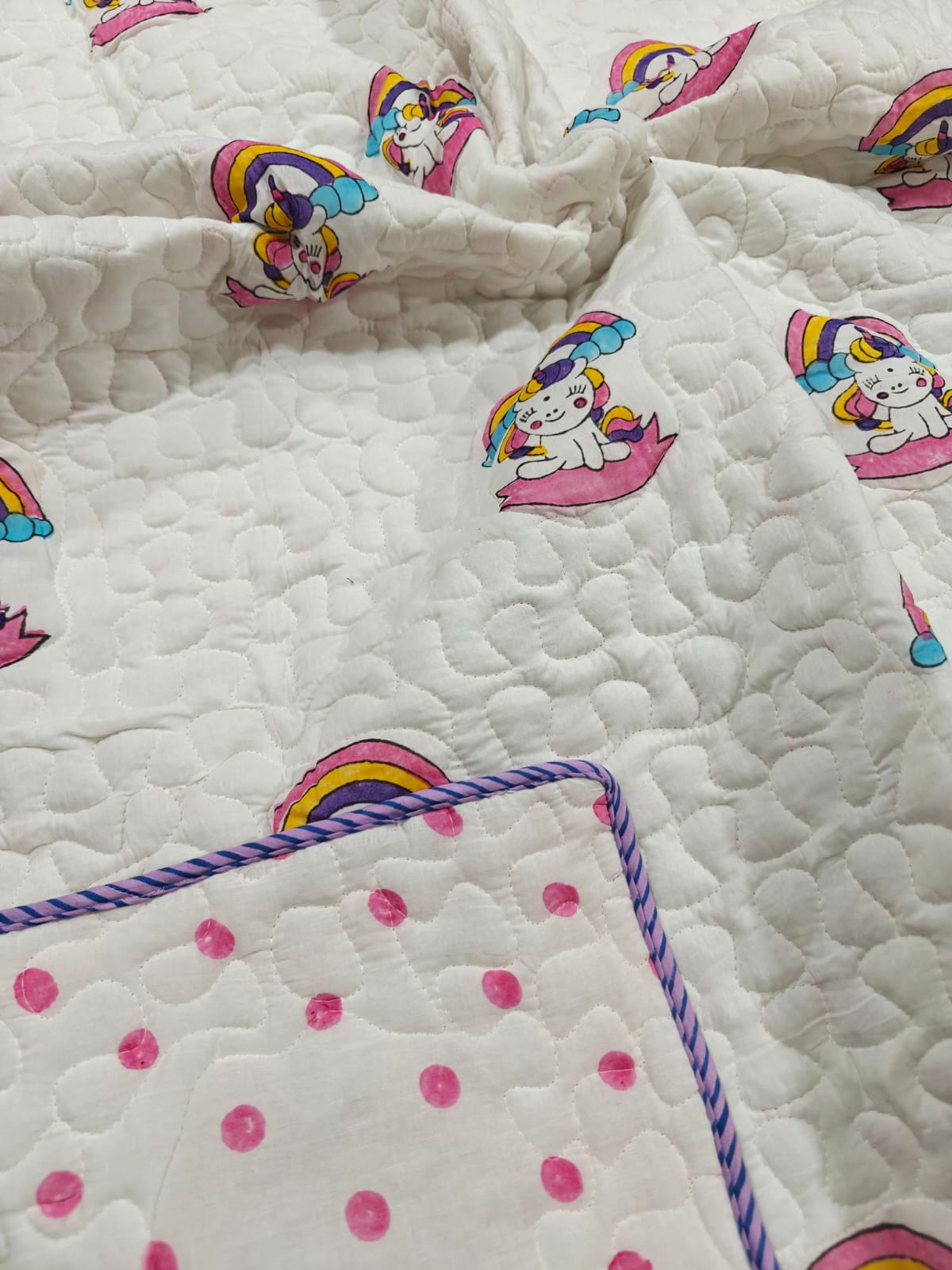 Reversible Handblock Printed Mulmul Baby Comforter - Unicorn Wishes