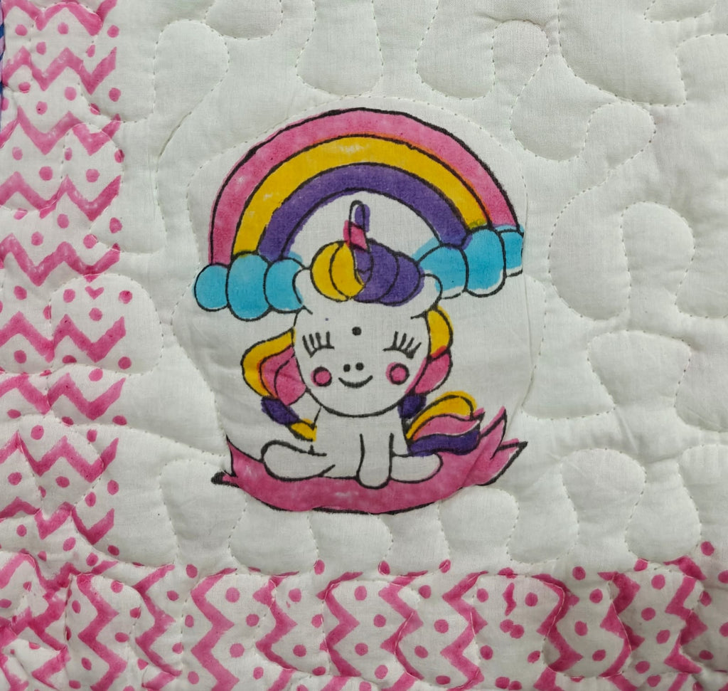 Reversible Handblock Printed Mulmul Baby Comforter - Unicorn Wishes