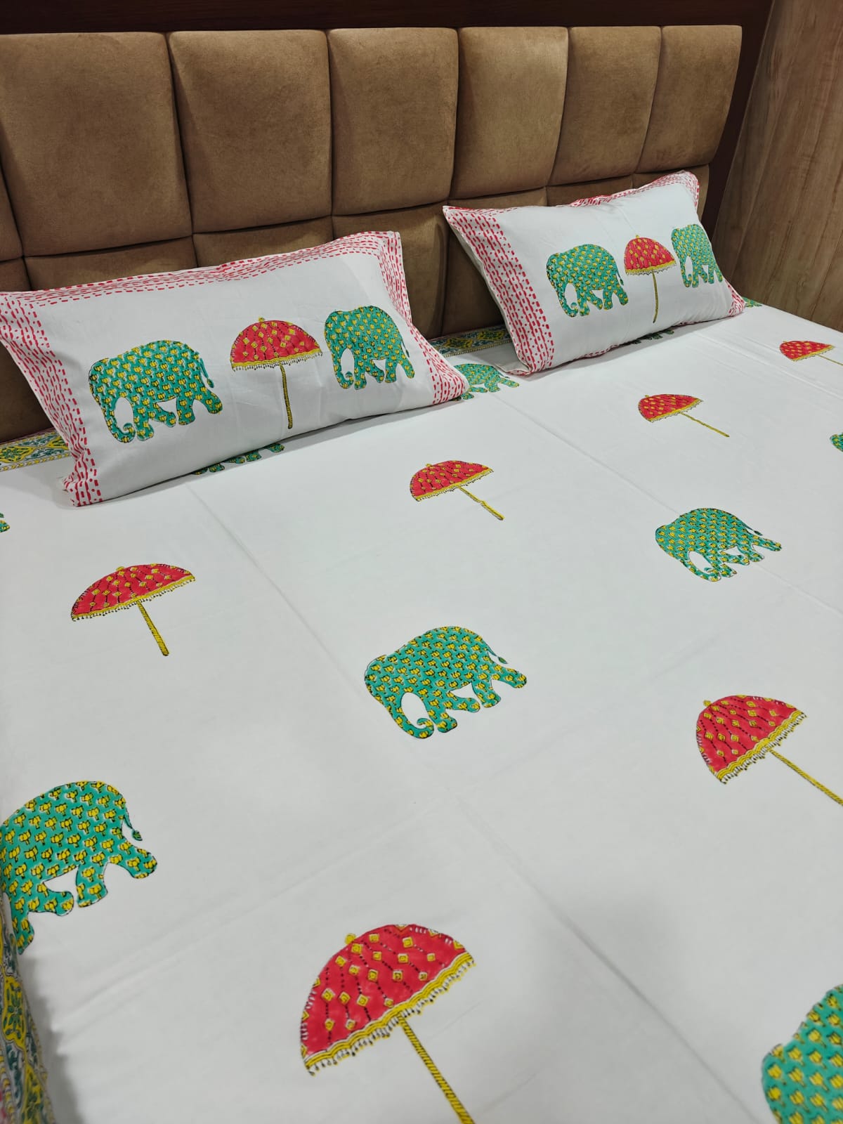 Super Premium Handblock Percale Cotton King Bedsheet Set - Hathi Chhatri