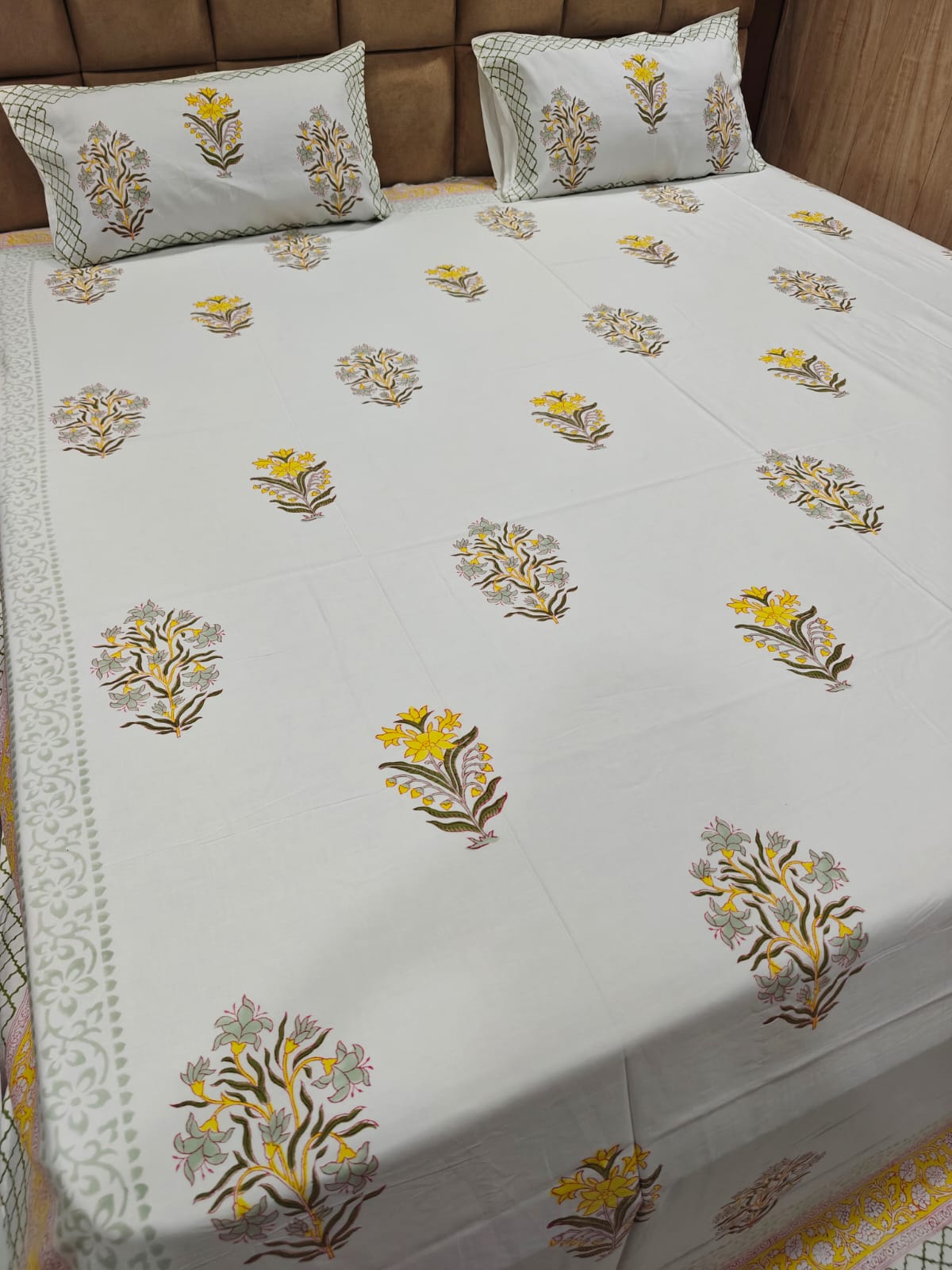 Super Premium Handblock Percale Cotton King Bedsheet Set - Basant Noor