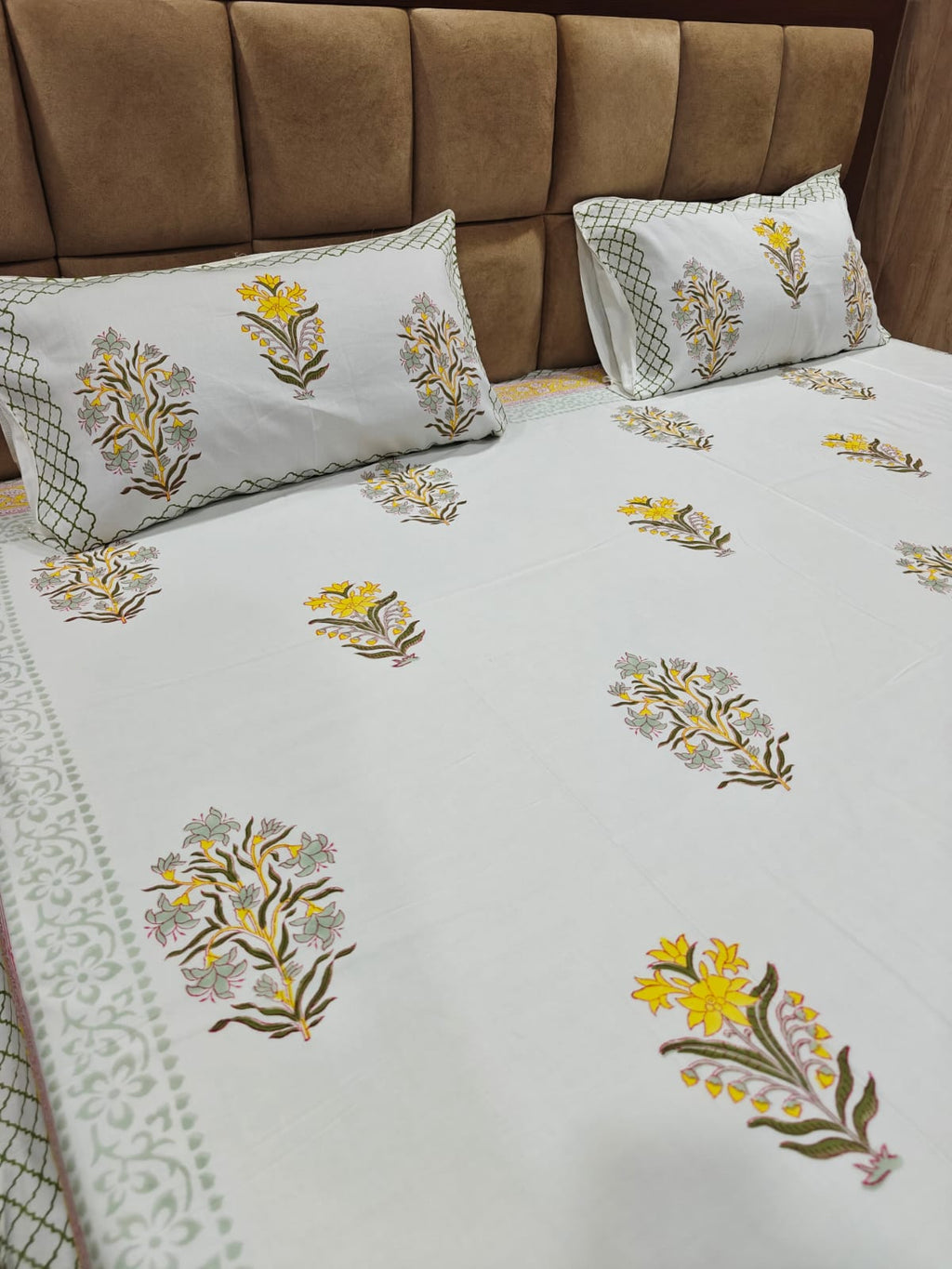 Super Premium Handblock Percale Cotton King Bedsheet Set - Basant Noor