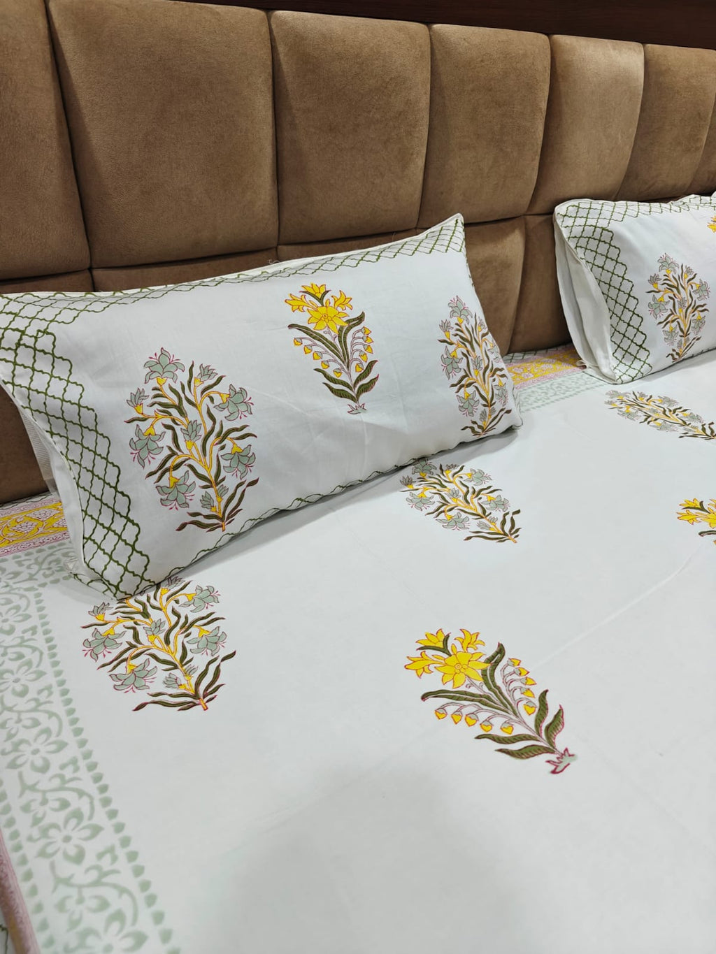 Super Premium Handblock Percale Cotton King Bedsheet Set - Basant Noor