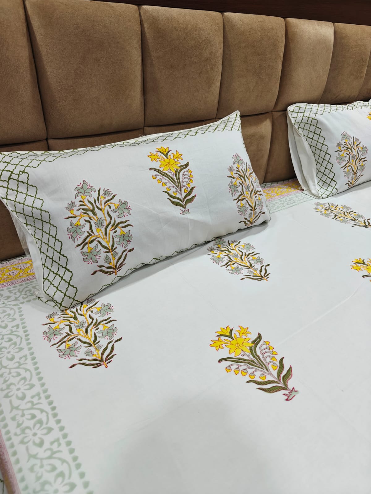 Super Premium Handblock Percale Cotton King Bedsheet Set - Basant Noor