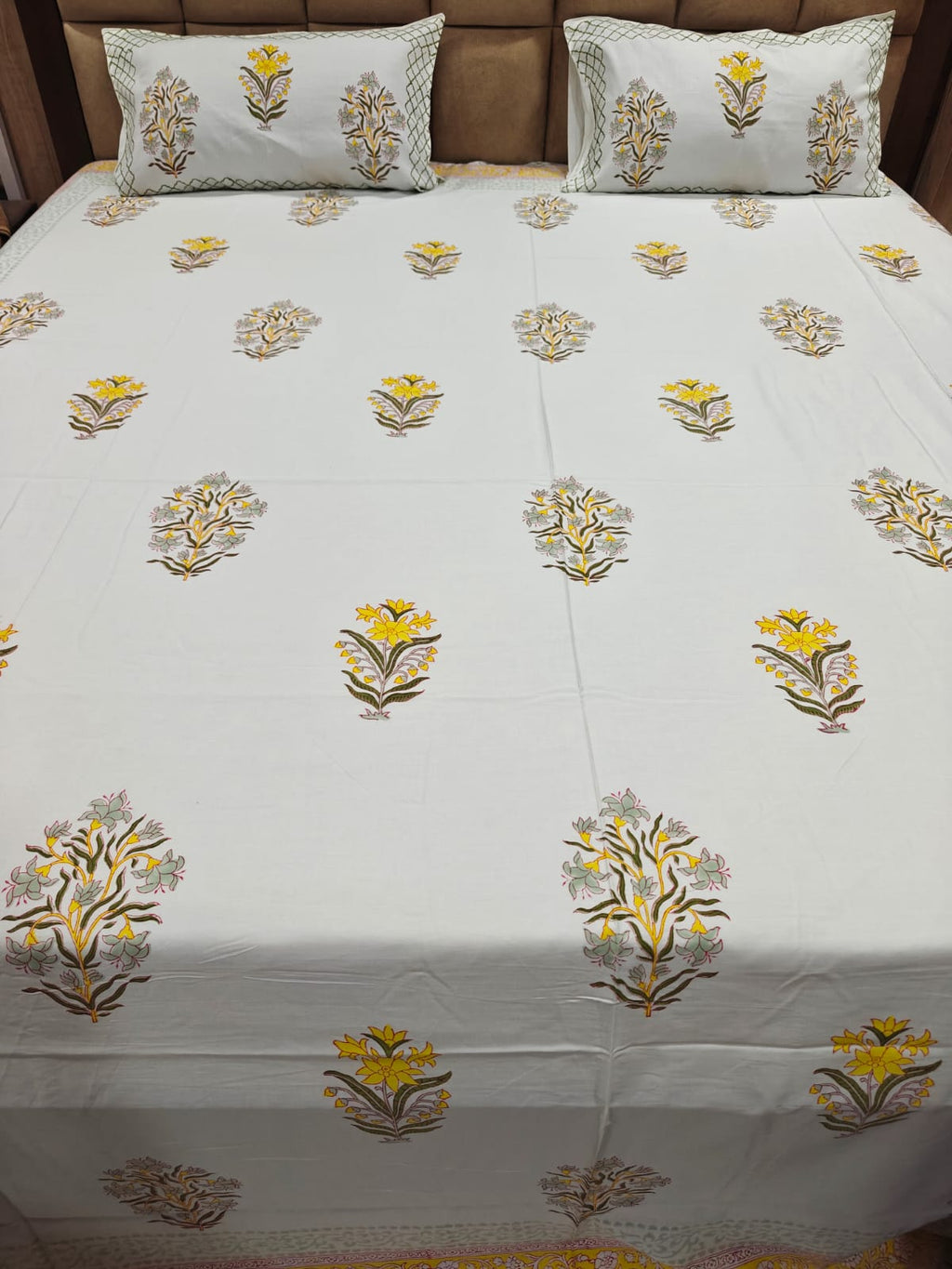 Super Premium Handblock Percale Cotton King Bedsheet Set - Basant Noor