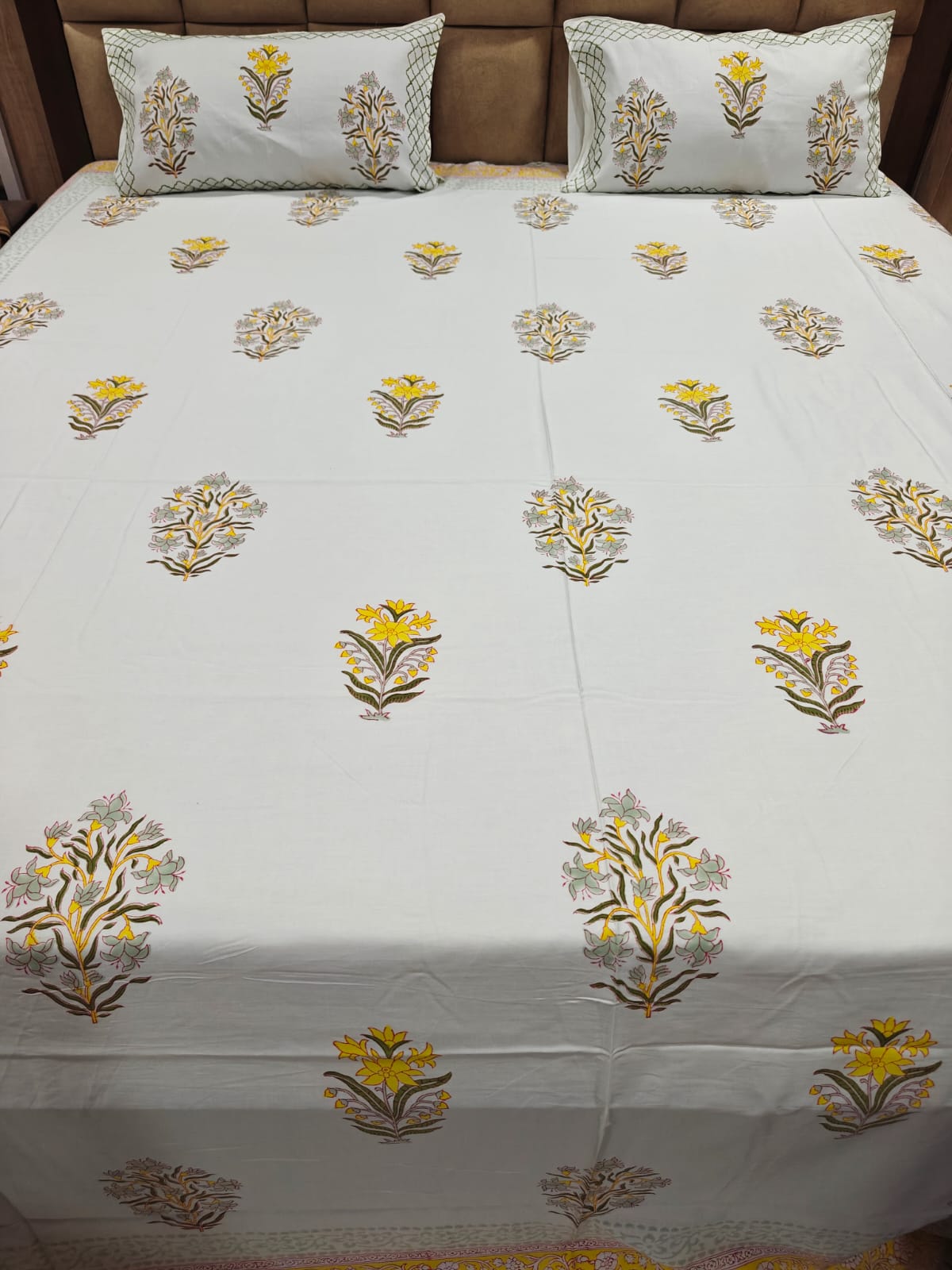 Super Premium Handblock Percale Cotton King Bedsheet Set - Basant Noor