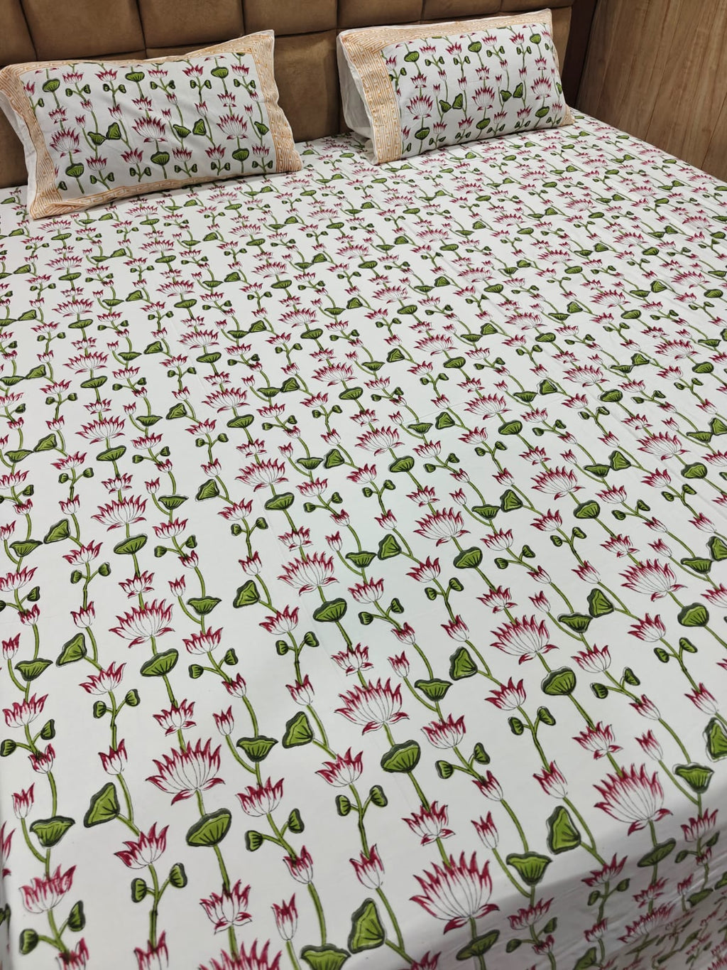 Super Premium Handblock Percale Cotton King Bedsheet Set - Padma Gul