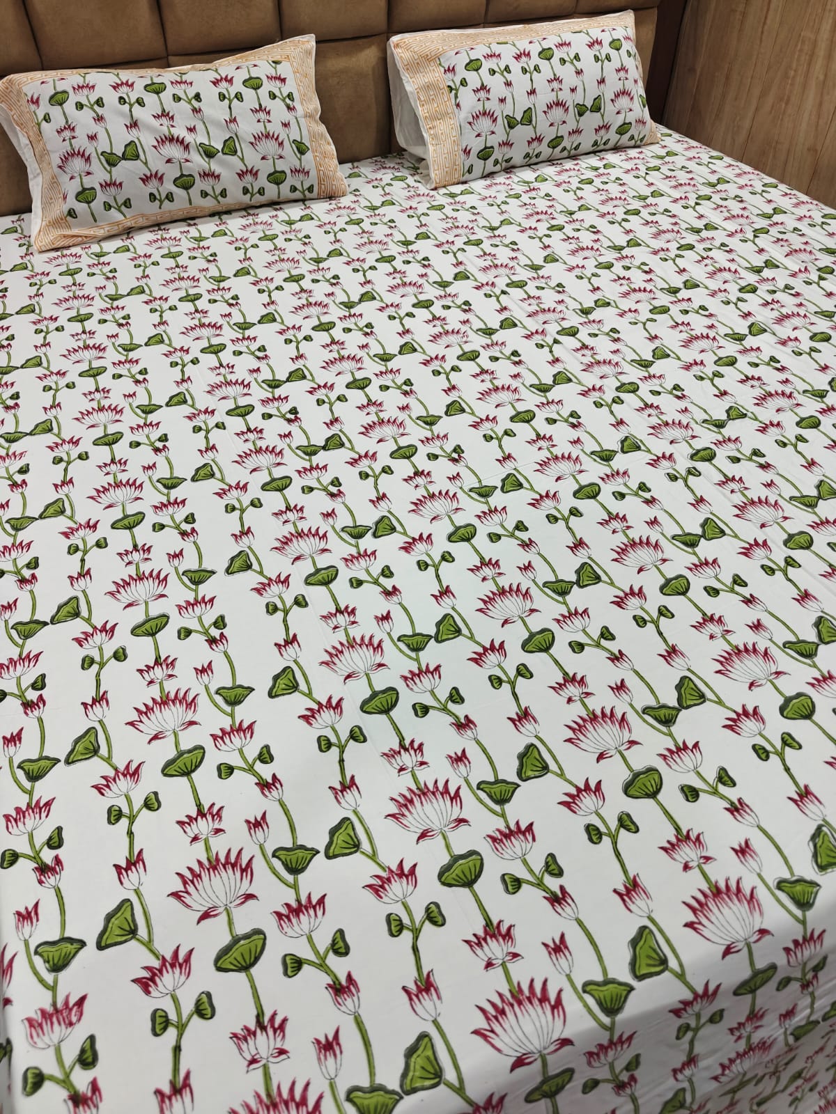 Super Premium Handblock Percale Cotton King Bedsheet Set - Padma Gul