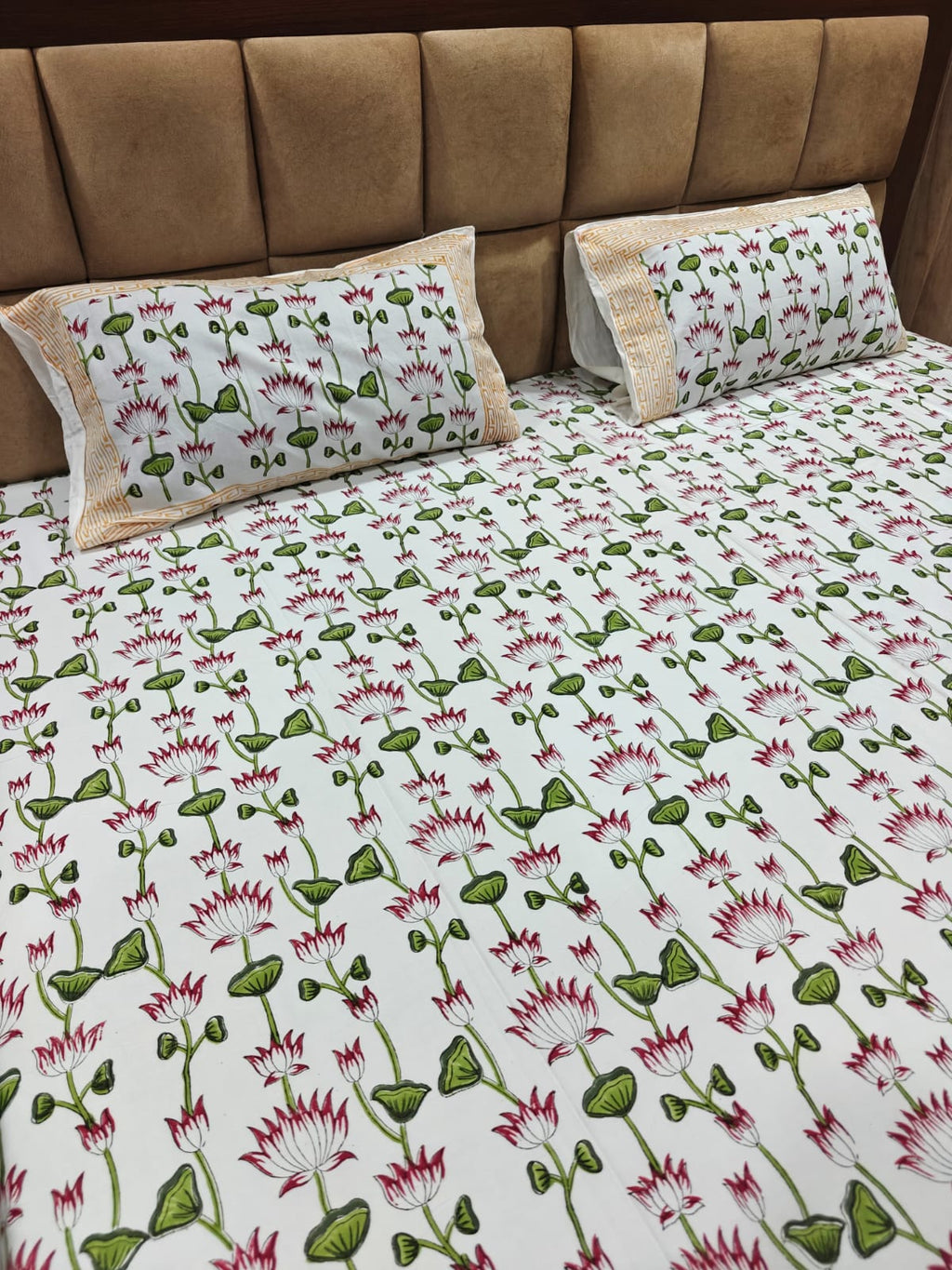 Super Premium Handblock Percale Cotton King Bedsheet Set - Padma Gul