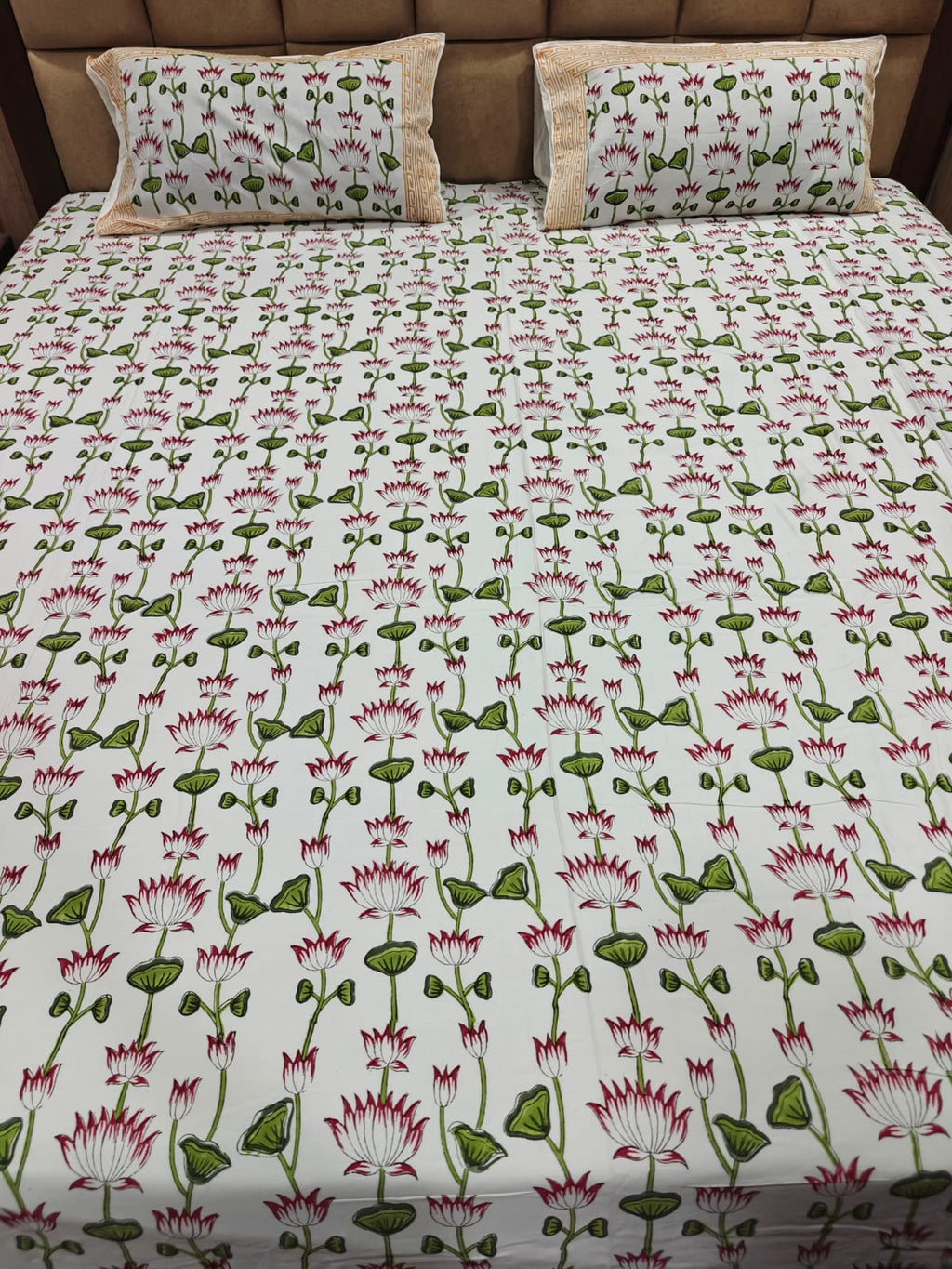 Super Premium Handblock Percale Cotton King Bedsheet Set - Padma Gul