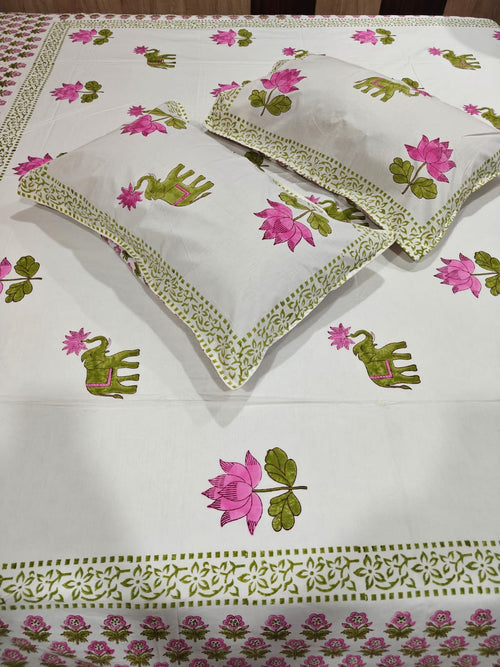 350 TC Handblock Percale Cotton King Bedsheet Set with 2 Pillow Covers - Padma Hathi