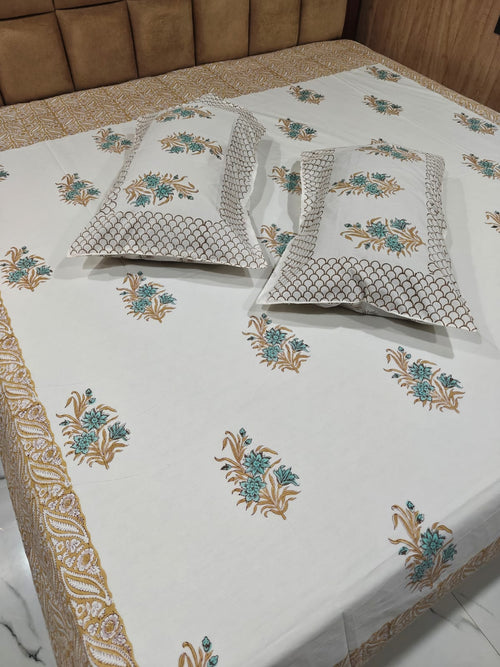 350 TC Handblock Percale Cotton King Bedsheet Set with 2 Pillow Covers - Firoza Mehak